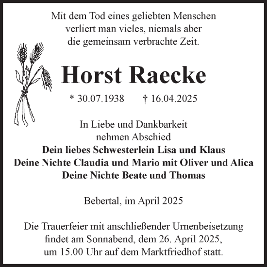 Traueranzeige von Horst Raecke von Volksstimme Haldensleben/Wolmirstedt