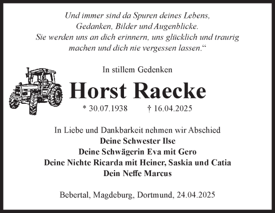 Traueranzeige von Horst Raecke von Volksstimme Haldensleben/Wolmirstedt