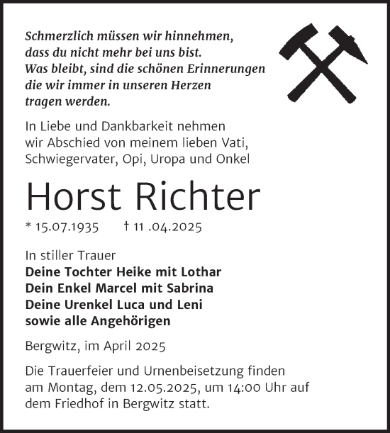 Traueranzeige von Horst Richter von Trauerkombi Wittenberg