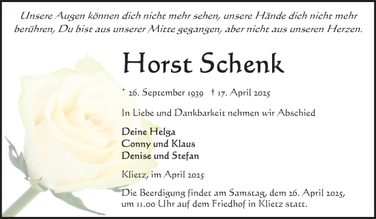 Traueranzeige von Horst Schenk von Volksstimme Altmark Ost