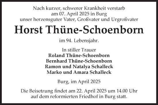 Traueranzeige von Horst Thüne-Schoenborn von Volksstimme Burg/Genthin