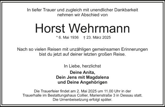 Traueranzeige von Horst Wehrmann von Trauerkombi Dessau