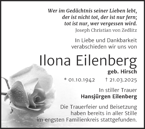 Traueranzeige von Ilona Eilenberg von Mitteldeutsche Zeitung Halle/Saalkreis