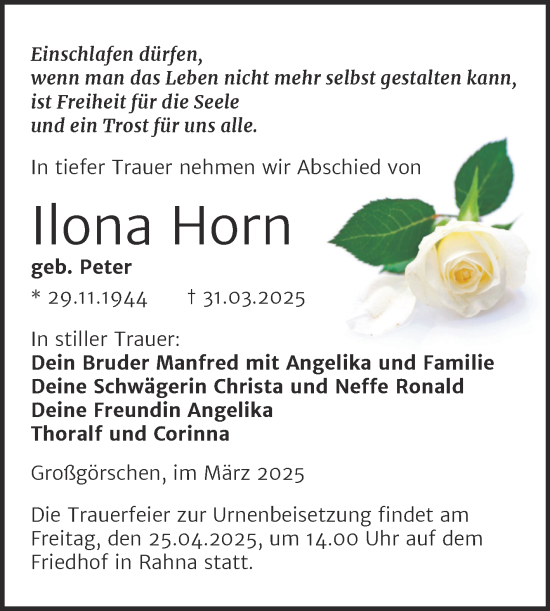 Traueranzeige von Ilona Horn von Trauerkombi Weißenfels