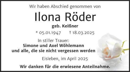 Traueranzeige von Ilona Röder von Trauerkombi Mansfelder Land