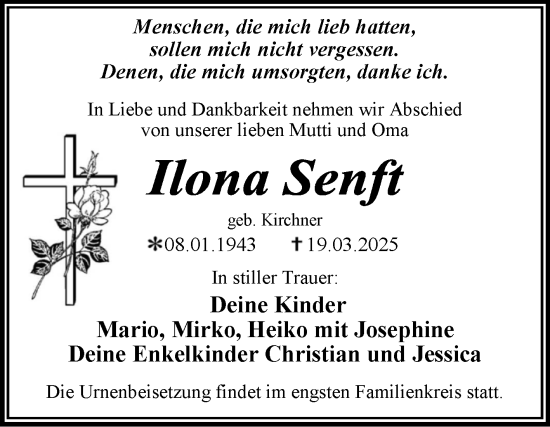 Traueranzeige von Ilona Senft von Trauerkombi Dessau