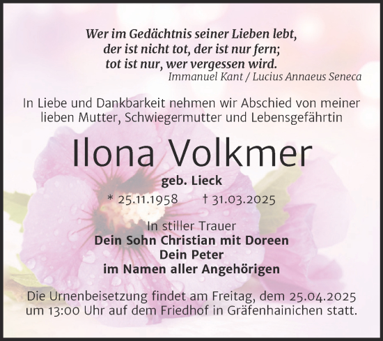 Traueranzeige von Ilona Volkmer von Trauerkombi Wittenberg