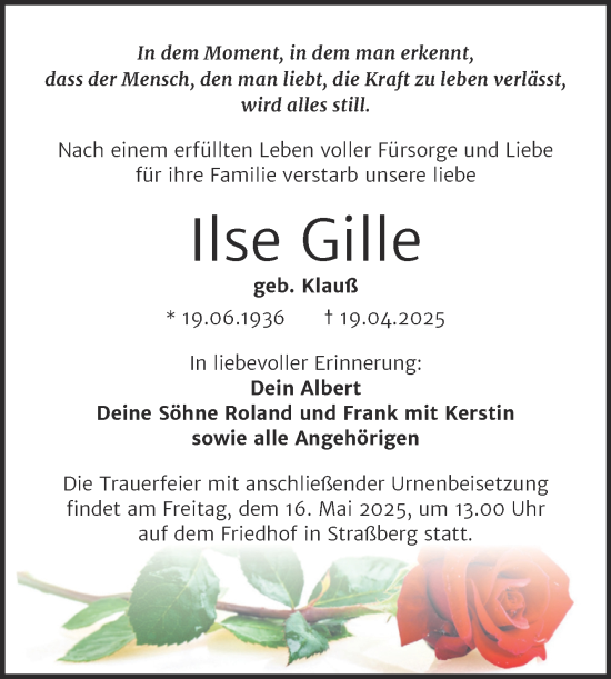 Traueranzeige von Ilse Gille von Trauerkombi Quedlinburg