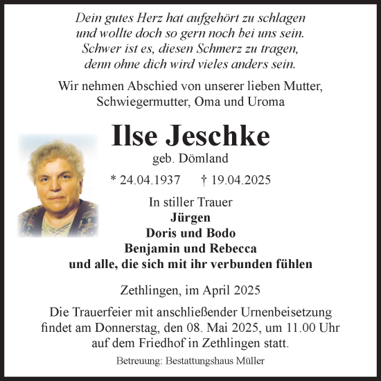 Traueranzeige von Ilse Jeschke von Volksstimme Altmark West