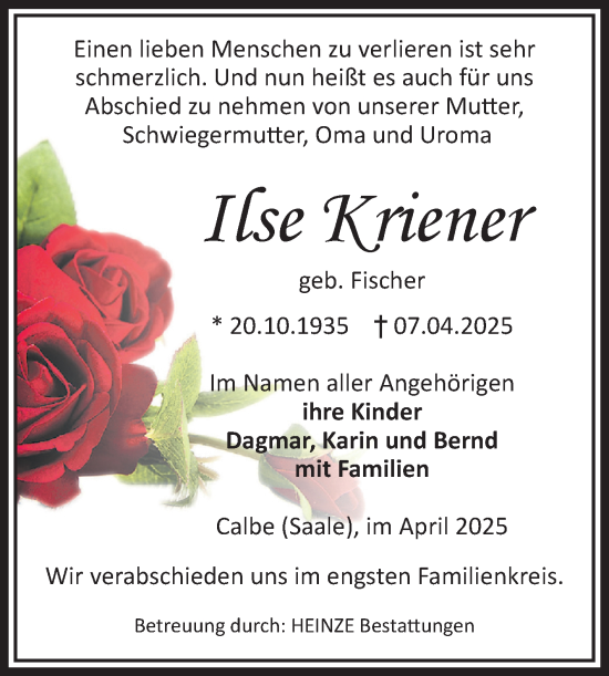 Traueranzeige von Ilse Kriener von Volksstimme Schönebeck