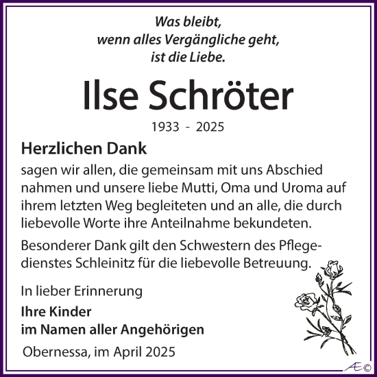 Traueranzeige von Ilse Schröter von Trauerkombi Weißenfels