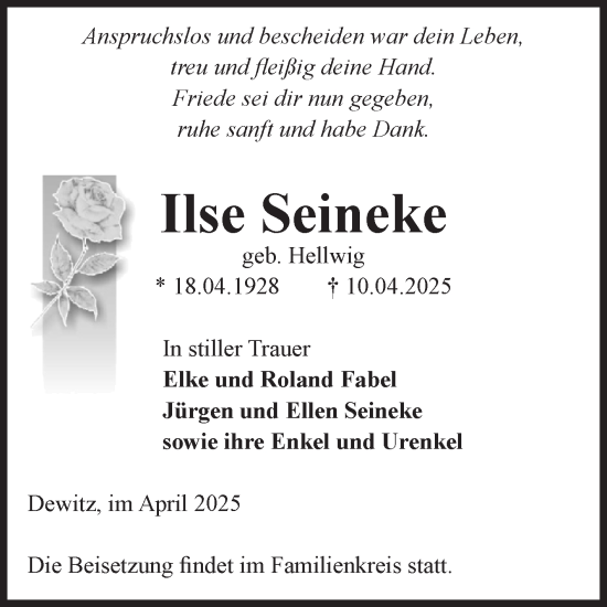 Traueranzeige von Ilse Seineke von Volksstimme Altmark Ost