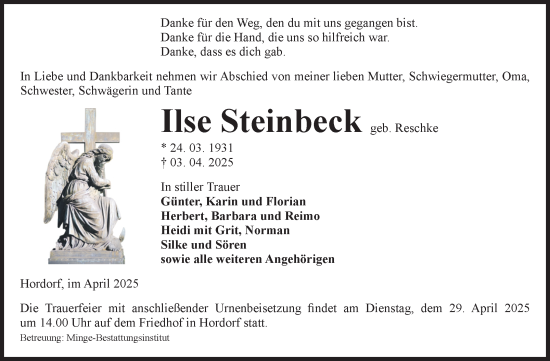 Traueranzeige von Ilse Steinbeck von Volksstimme Oschersleben/Wanzleben