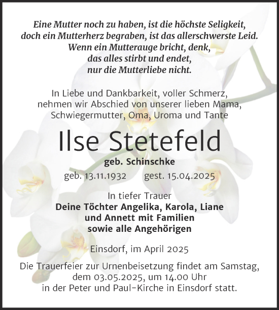 Traueranzeige von Ilse Stetefeld von Trauerkombi Sangerhausen