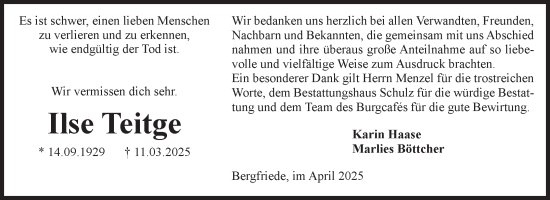Traueranzeige von Ilse Teitge von Volksstimme Altmark West