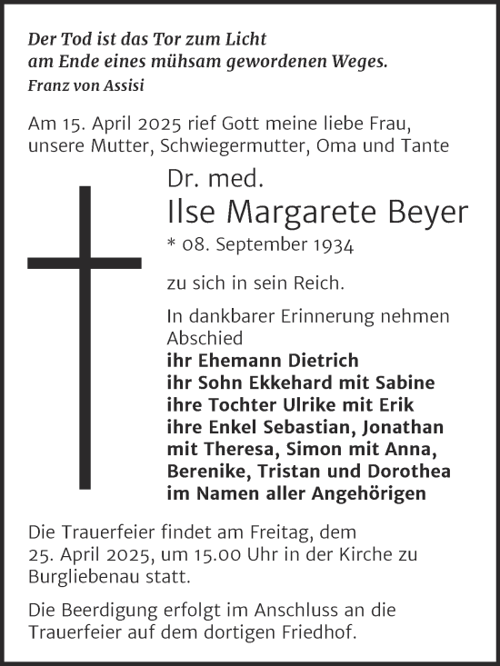 Traueranzeige von Ilse Margarete Beyer von Mitteldeutsche Zeitung Merseburg/Querfurt