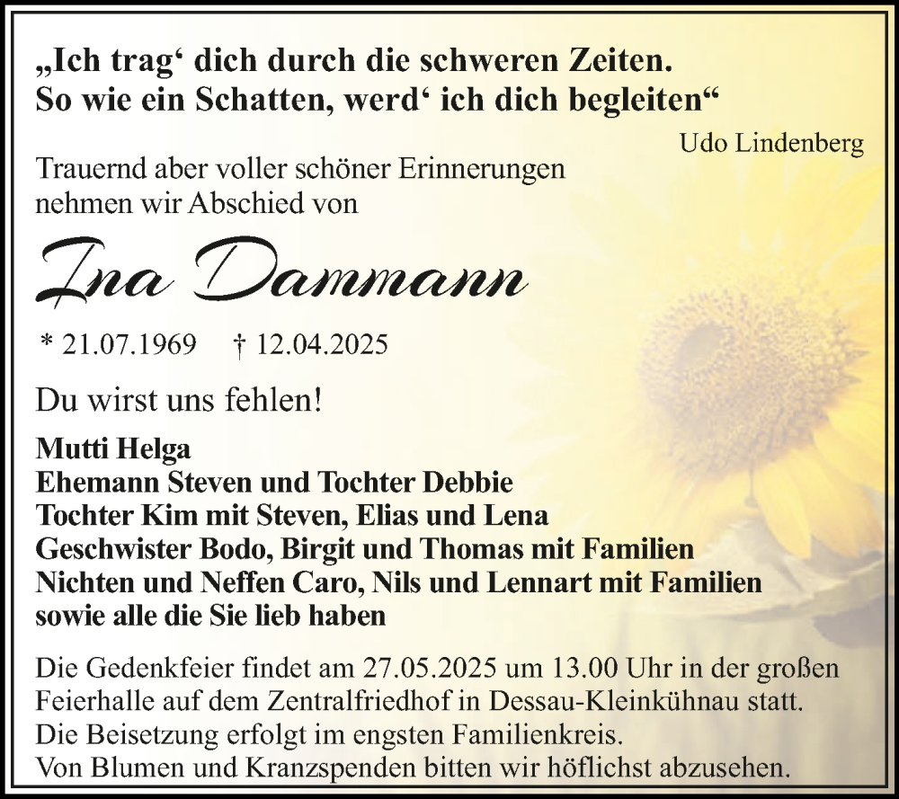  Traueranzeige für Ina Dammann vom 26.04.2025 aus Trauerkombi Dessau
