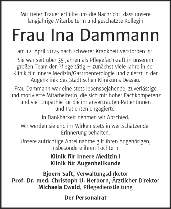 Traueranzeige von Ina Dammann von Mitteldeutsche Zeitung Dessau-Roßlau