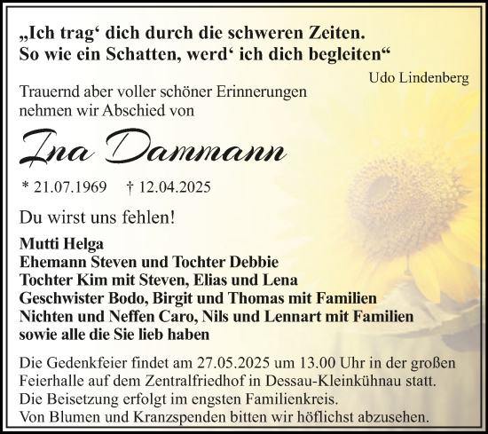 Traueranzeige von Ina Dammann von Trauerkombi Dessau