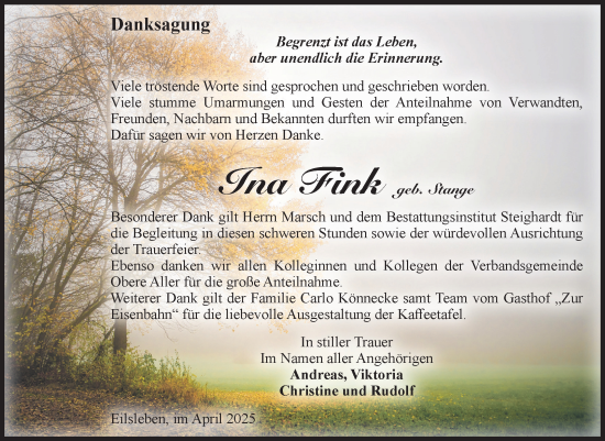 Traueranzeige von Ina Fink von Volksstimme Oschersleben/Wanzleben