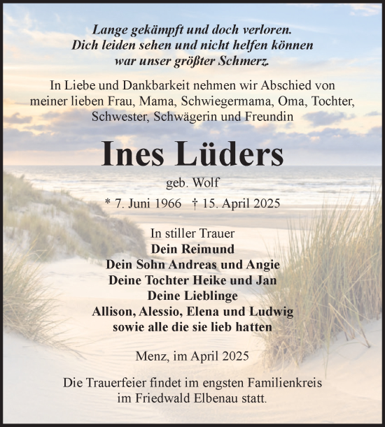 Traueranzeige von Ines Lüders von Volksstimme Burg/Genthin