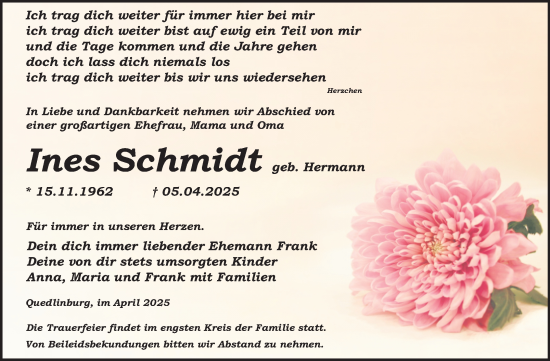 Traueranzeige von Ines Schmidt von Trauerkombi Quedlinburg