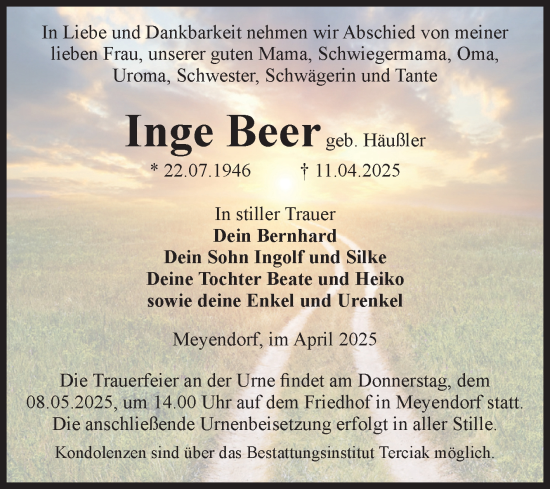 Traueranzeige von Inge Beer von Volksstimme Oschersleben/Wanzleben