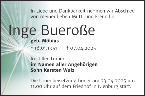 Traueranzeige von Inge Bueroße von Trauerkombi Bernburg