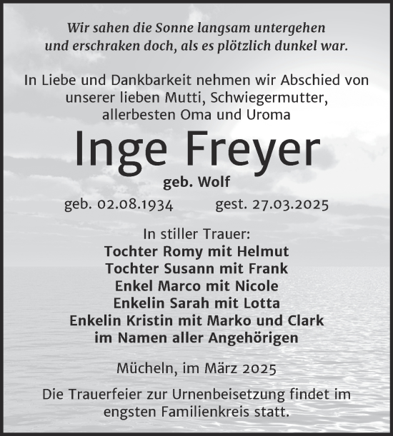 Traueranzeige von Inge Freyer von Trauerkombi Merseburg