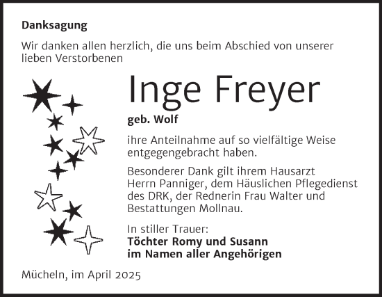 Traueranzeige von Inge Freyer von Trauerkombi Merseburg