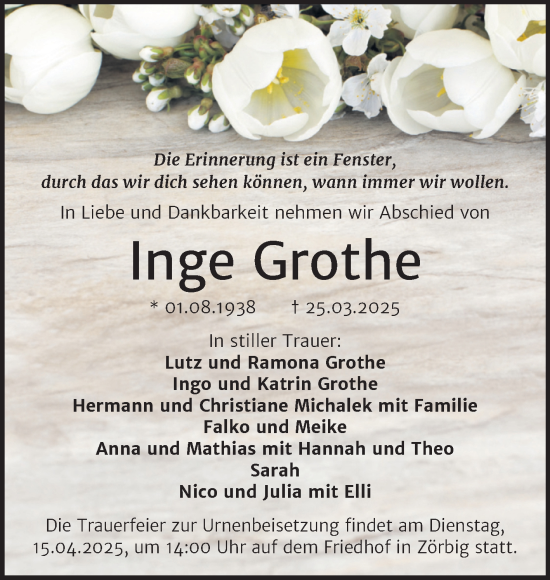 Traueranzeige von Inge Grothe von Trauerkombi Bitterfeld