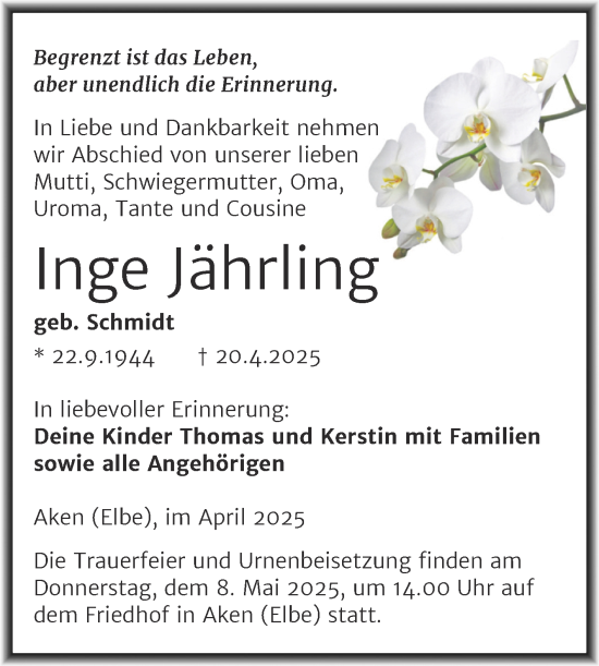 Traueranzeige von Inge Jährling von Trauerkombi Köthen