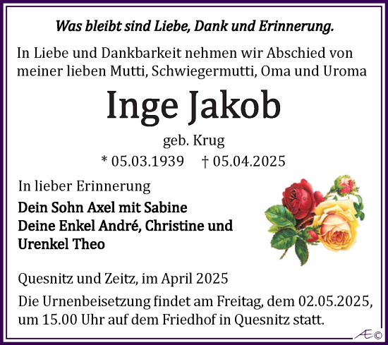Traueranzeige von Inge Jakob von Trauerkombi Zeitz