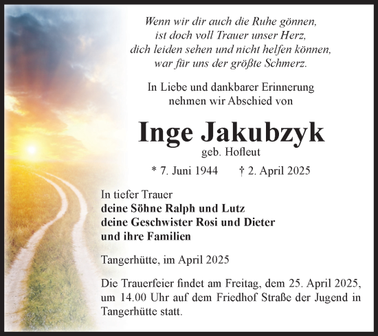Traueranzeige von Inge Jakubzyk von Volksstimme Altmark Ost