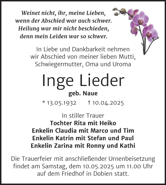 Traueranzeige von Inge Lieder von Trauerkombi Wittenberg