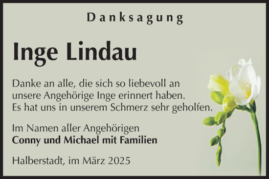 Traueranzeige von Inge Lindau von Volksstimme Halberstadt