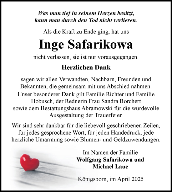 Traueranzeige von Inge Safarikowa von Volksstimme Burg/Genthin