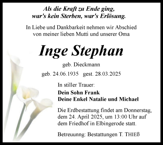 Traueranzeige von Inge Stephan von Volksstimme Wernigerode