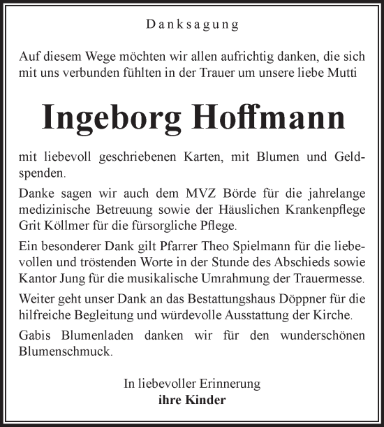 Traueranzeige von Ingeborg Hoffmann von Volksstimme Oschersleben/Wanzleben