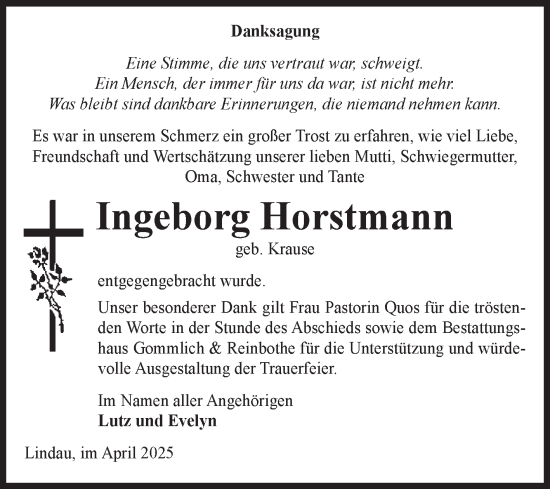 Traueranzeige von Ingeborg Horstmann von Volksstimme Zerbst