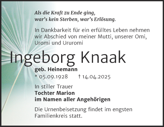 Traueranzeige von Ingeborg Knaak von Trauerkombi Bernburg
