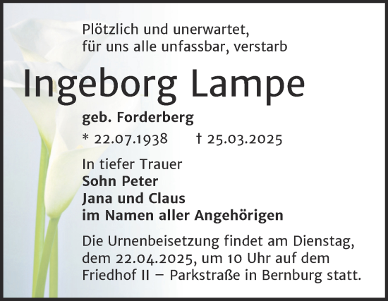 Traueranzeige von Ingeborg Lampe von Trauerkombi Bernburg