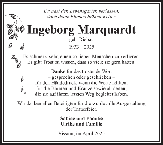 Traueranzeige von Ingeborg Marquardt von Volksstimme Altmark West