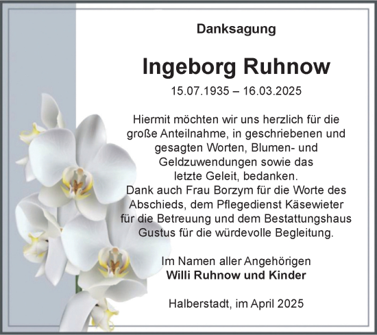 Traueranzeige von Ingeborg Ruhnow von Volksstimme Halberstadt