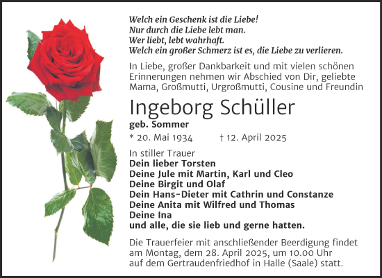 Traueranzeige von Ingeborg Schüller von Mitteldeutsche Zeitung Halle/Saalkreis