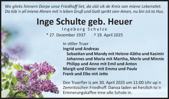 Traueranzeige von Ingeborg Schulte von Volksstimme Haldensleben/Wolmirstedt