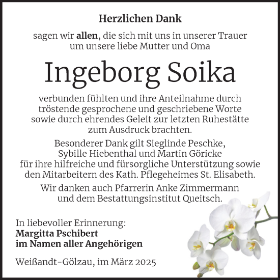 Traueranzeige von Ingeborg Soika von Trauerkombi Köthen