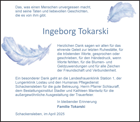Traueranzeige von Ingeborg Tokarski von Volksstimme Haldensleben/Wolmirstedt
