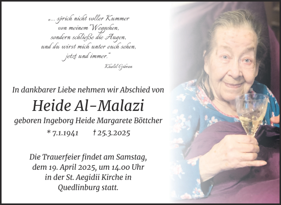 Traueranzeige von Ingeborg Heide Margarete  Al-Malazi von Trauerkombi Quedlinburg