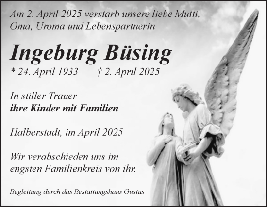 Traueranzeige von Ingeburg Büsing von Volksstimme Halberstadt
